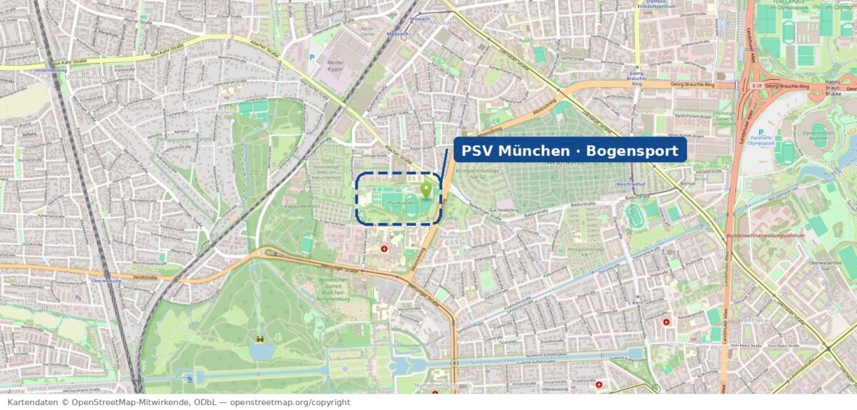 Kartenausschnitt München-Nederling: die Bogenanlage des PSV München liegt zwischen Wintrichring, Allacher Straße und Menzinger Straße, nördlich des Botanischen Gartens.